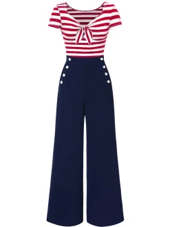 Fashion Retro Stage [Pre-Sale] Red 1950s Hollow Bow Stripe Patchwork Jumpsuit