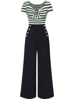 Fashion Retro Stage [Pre-Sale] Red 1950s Hollow Bow Stripe Patchwork Jumpsuit