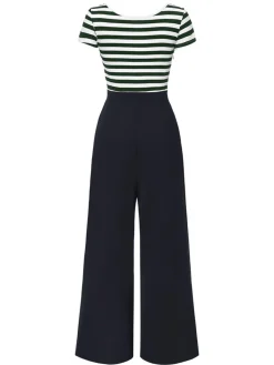 Fashion Retro Stage [Pre-Sale] Red 1950s Hollow Bow Stripe Patchwork Jumpsuit