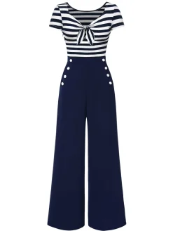 Fashion Retro Stage [Pre-Sale] Red 1950s Hollow Bow Stripe Patchwork Jumpsuit