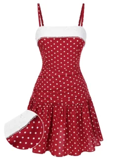 Best Retro Stage [Pre-Sale] 1960s Lace Patchwork Polka Dots Pleated Dress Red