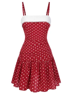 Best Retro Stage [Pre-Sale] 1960s Lace Patchwork Polka Dots Pleated Dress Red