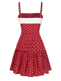 Best Retro Stage [Pre-Sale] 1960s Lace Patchwork Polka Dots Pleated Dress Red