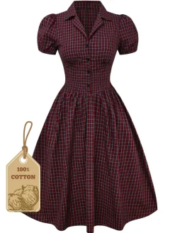 Sale Retro Stage [Pre-sale] 1950s Plaid Lapel Puff Sleeves Cotton Dress Red