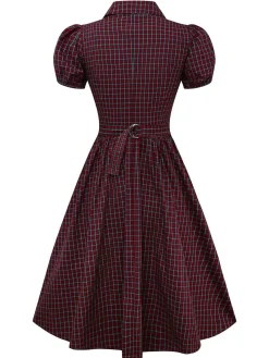 Sale Retro Stage [Pre-sale] 1950s Plaid Lapel Puff Sleeves Cotton Dress Red