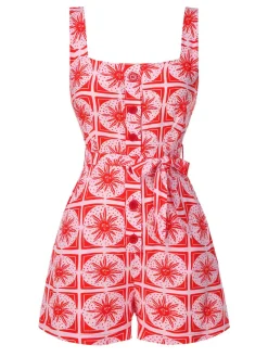 New Retro Stage [Pre-Sale] 1970s Boho Sun Print Button Romper Rose Pink