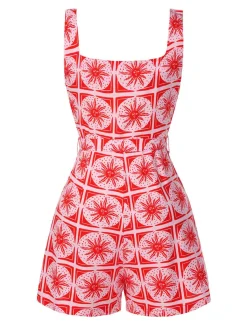 New Retro Stage [Pre-Sale] 1970s Boho Sun Print Button Romper Rose Pink
