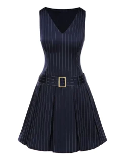 Outlet Retro Stage [Pre-Sale] 1960s Drop Waist Pleated Striped Belted Dress Blue