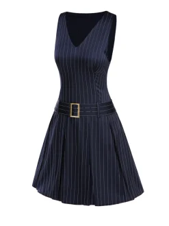 Outlet Retro Stage [Pre-Sale] 1960s Drop Waist Pleated Striped Belted Dress Blue