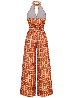 Hot Retro Stage [Pre-Sale] 1960s Mandarin Collar Geometric Hippie Jumpsuit Orange