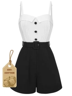 Fashion Retro Stage [Pre-Sale] 1950s Cotton Spaghetti Straps Romper White & Black