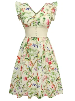 Clearance Retro Stage [Pre-Sale] 1950s Floral Birds Ruffled Flutter Sleeve Dress Yellow