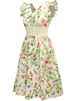 Clearance Retro Stage [Pre-Sale] 1950s Floral Birds Ruffled Flutter Sleeve Dress Yellow