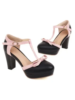 Best Retro Stage PU Leather Bow T-Strap High Heels