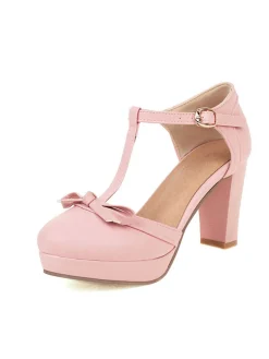 Best Retro Stage PU Leather Bow T-Strap High Heels