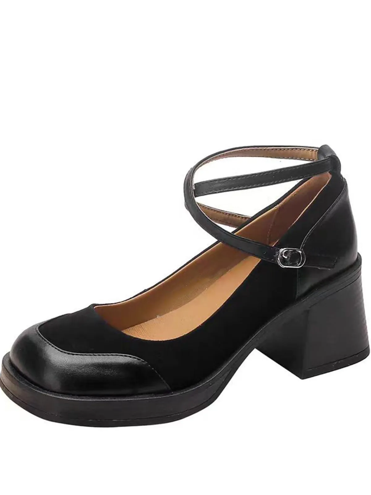 Online Retro Stage PU Leather Patchwork Square Toe Chunky Heels
