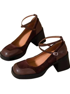 Online Retro Stage PU Leather Patchwork Square Toe Chunky Heels