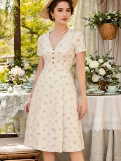 Hot Retro Stage Pure Cotton Beige 1940s Puff Sleeves Floral Dress