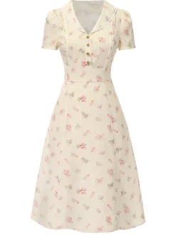 Hot Retro Stage Pure Cotton Beige 1940s Puff Sleeves Floral Dress
