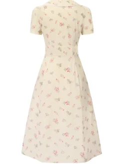 Hot Retro Stage Pure Cotton Beige 1940s Puff Sleeves Floral Dress