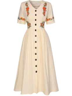 Clearance Retro Stage Pure Cotton Beige 1940s V-Neck Floral Dress