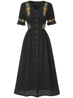 Clearance Retro Stage Pure Cotton Beige 1940s V-Neck Floral Dress