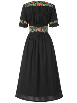 Clearance Retro Stage Pure Cotton Beige 1940s V-Neck Floral Dress