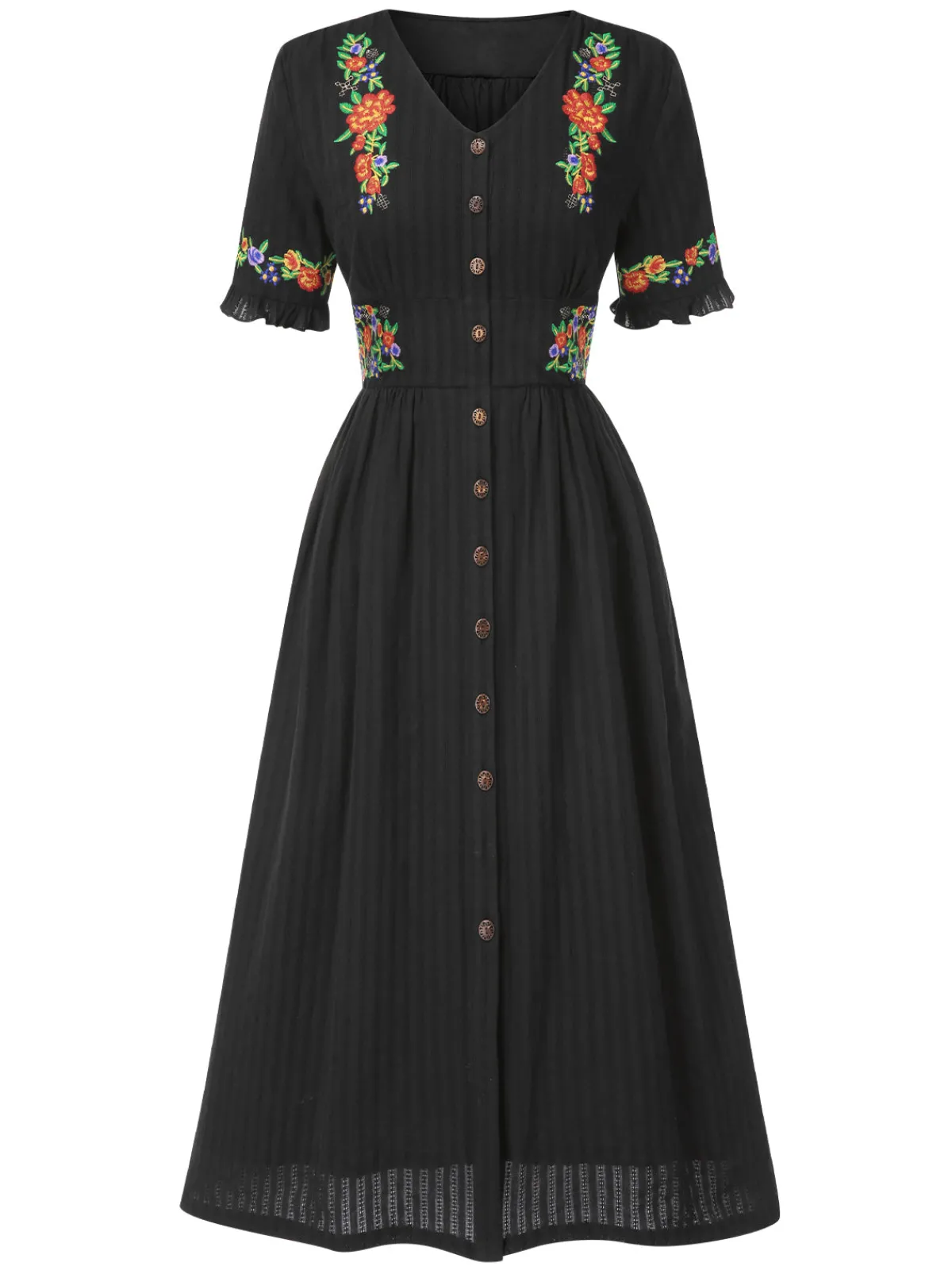 Best Retro Stage Pure Cotton Black 1940s V-Neck Floral Dress