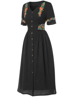 Best Retro Stage Pure Cotton Black 1940s V-Neck Floral Dress