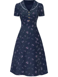 Hot Retro Stage Pure Cotton Blue 1940s Puff Sleeves Floral Dress