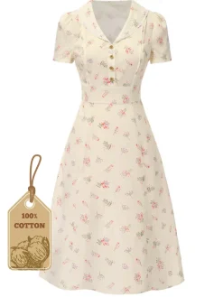 Hot Retro Stage Pure Cotton Blue 1940s Puff Sleeves Floral Dress