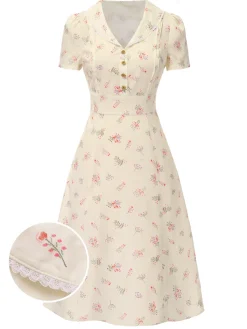 Hot Retro Stage Pure Cotton Blue 1940s Puff Sleeves Floral Dress