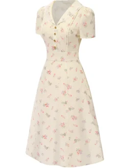 Hot Retro Stage Pure Cotton Blue 1940s Puff Sleeves Floral Dress