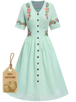 Sale Retro Stage Pure Cotton Mint Green 1940s V-Neck Floral Dress