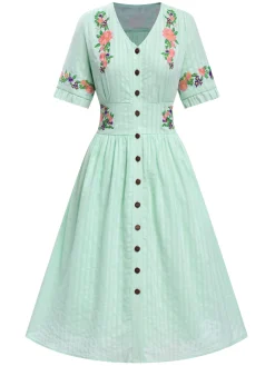 Sale Retro Stage Pure Cotton Mint Green 1940s V-Neck Floral Dress