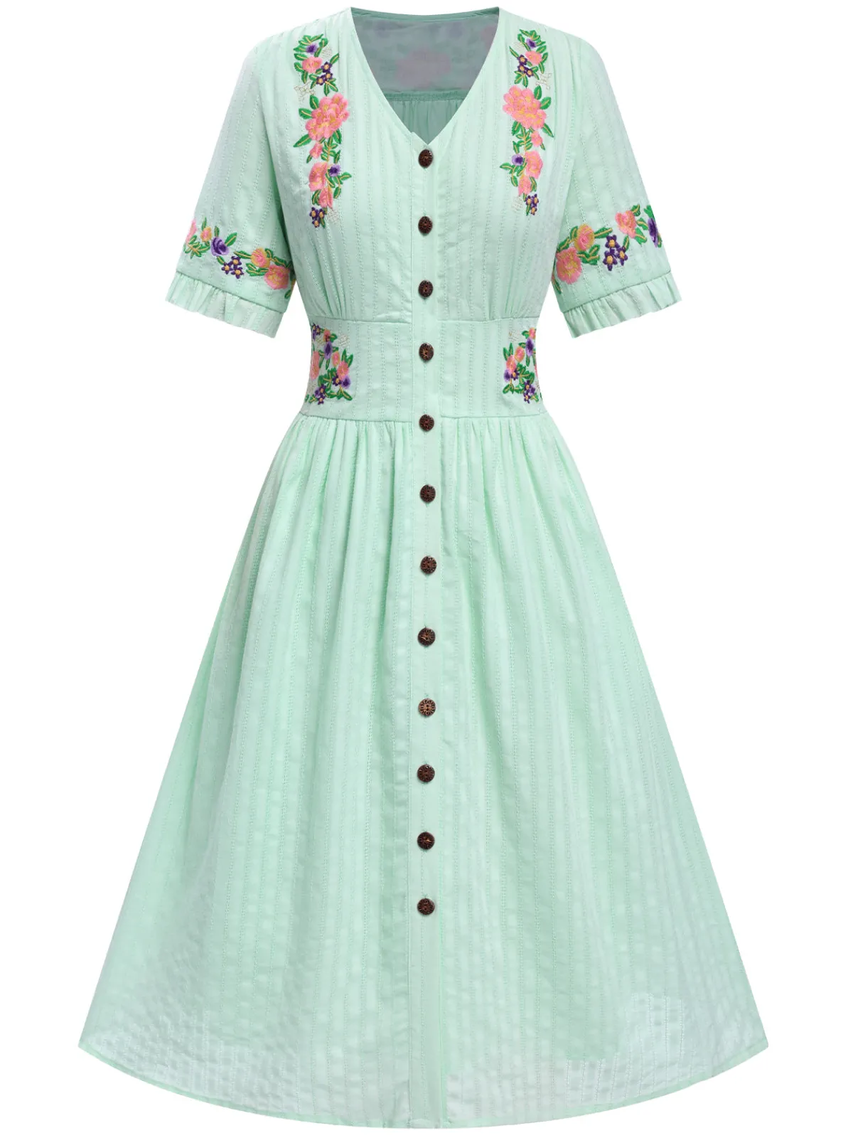 Sale Retro Stage Pure Cotton Mint Green 1940s V-Neck Floral Dress