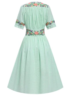 Sale Retro Stage Pure Cotton Mint Green 1940s V-Neck Floral Dress