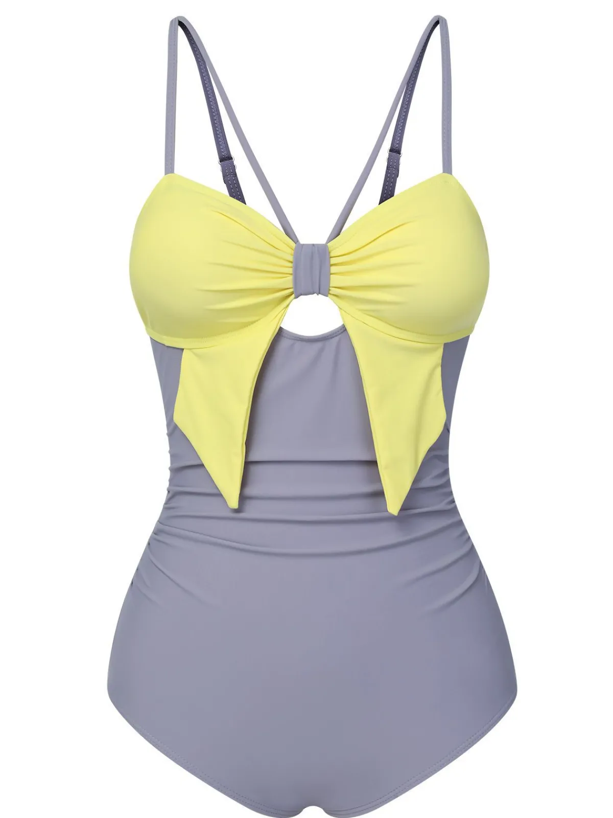 Fashion Retro Stage 1950s Cut Out Contrast Bow Swimsuit Purple & Yellow