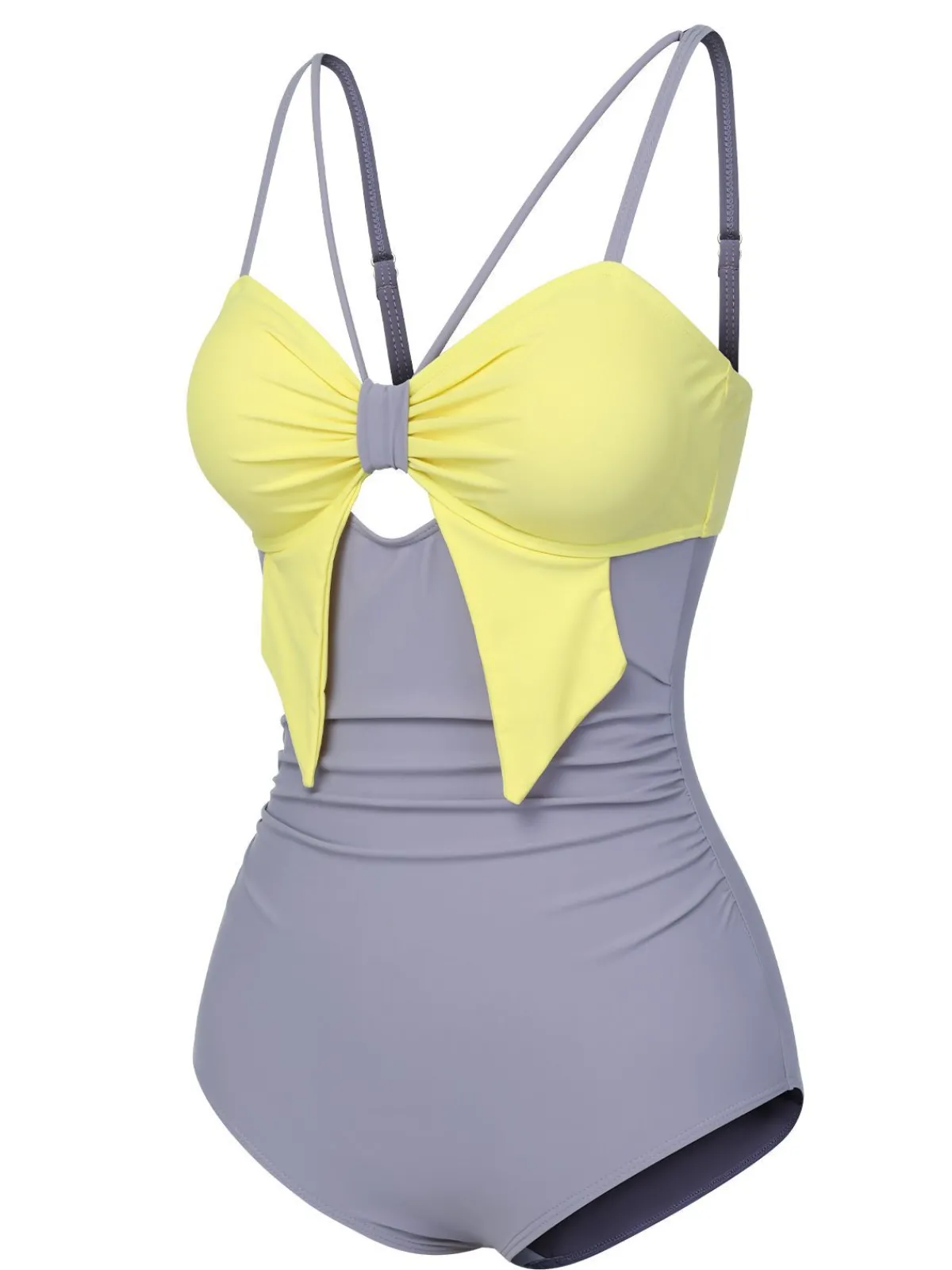 Fashion Retro Stage 1950s Cut Out Contrast Bow Swimsuit Purple & Yellow