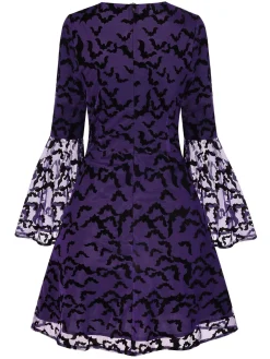 Fashion Retro Stage 1960s Bats Mesh Bell Sleeves Dress Purple