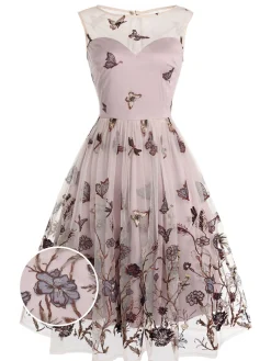 New Retro Stage 1950s Butterfly Lace Swing Dress Purple