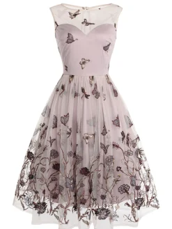 New Retro Stage 1950s Butterfly Lace Swing Dress Purple