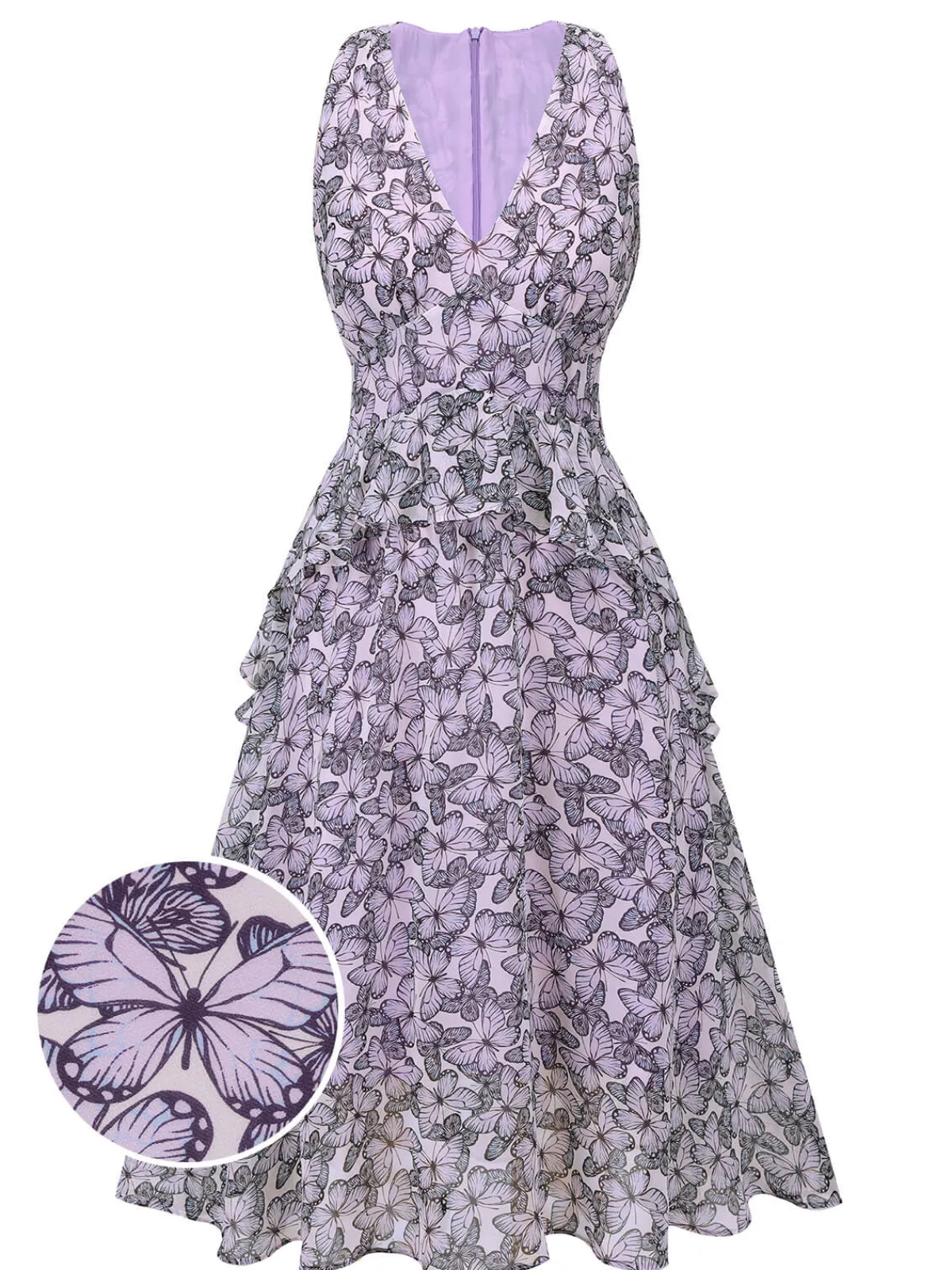 Fashion Retro Stage 1930s Butterfly V-Neck Sleeveless Dress Purple