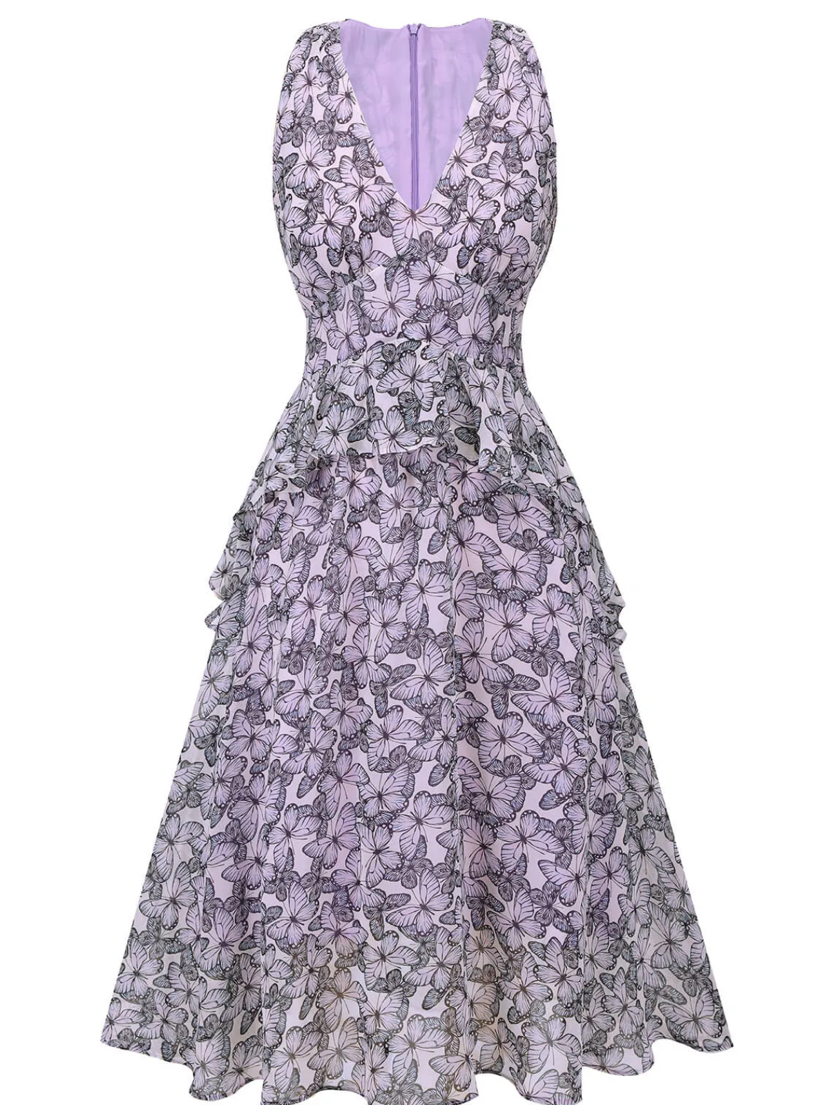 Fashion Retro Stage 1930s Butterfly V-Neck Sleeveless Dress Purple