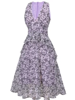 Fashion Retro Stage 1930s Butterfly V-Neck Sleeveless Dress Purple