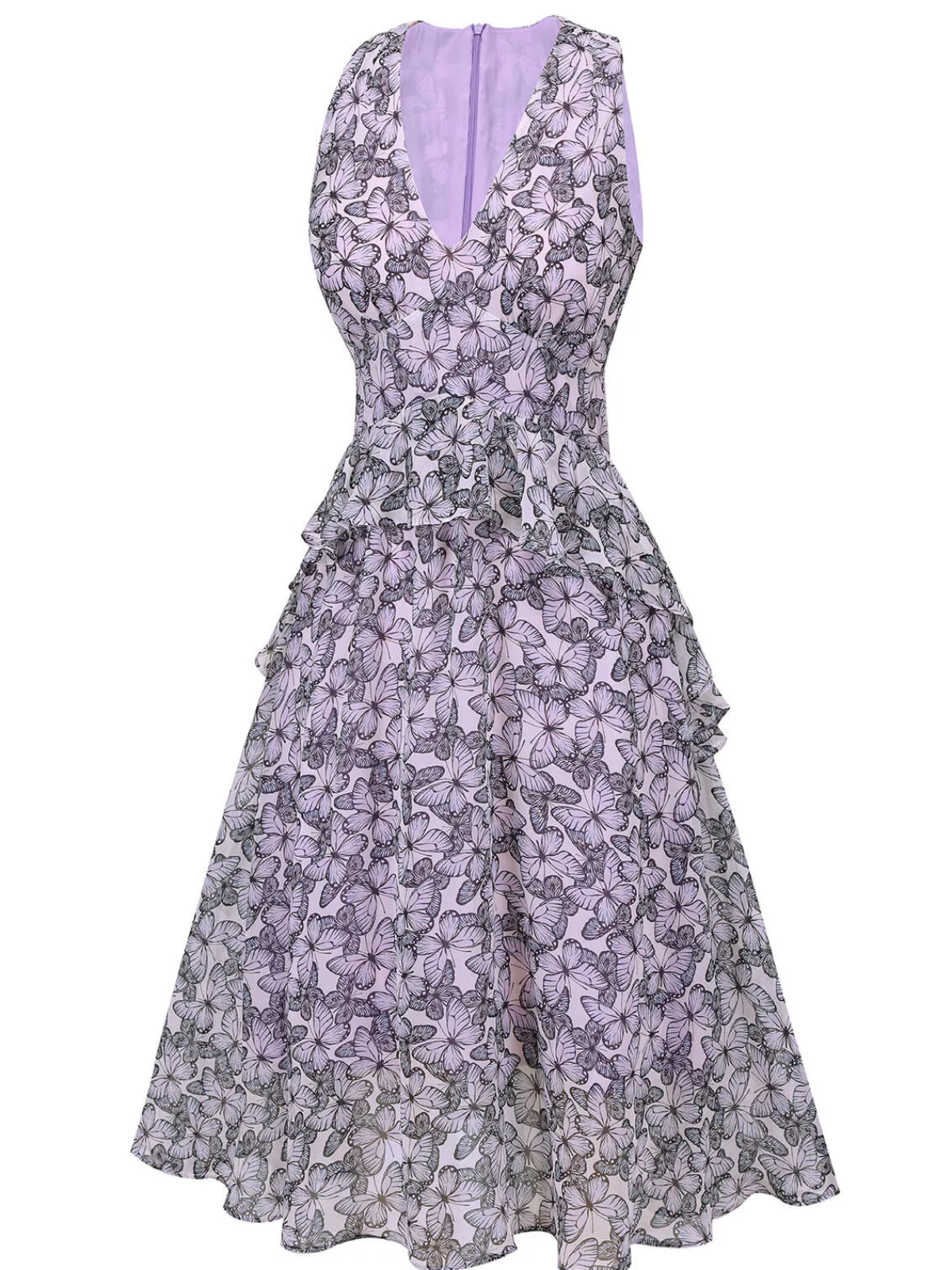 Fashion Retro Stage 1930s Butterfly V-Neck Sleeveless Dress Purple