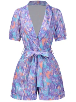 Sale Retro Stage 1960s Deep V-Neck Belted Lapel Romper Purple