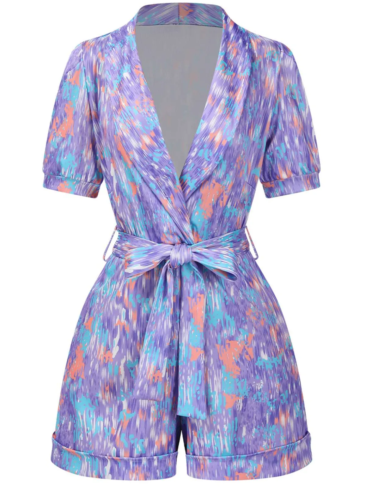 Sale Retro Stage 1960s Deep V-Neck Belted Lapel Romper Purple