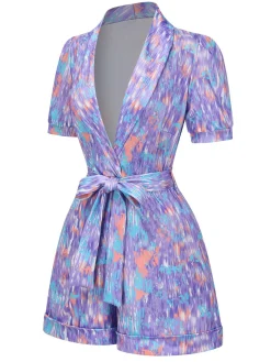 Sale Retro Stage 1960s Deep V-Neck Belted Lapel Romper Purple
