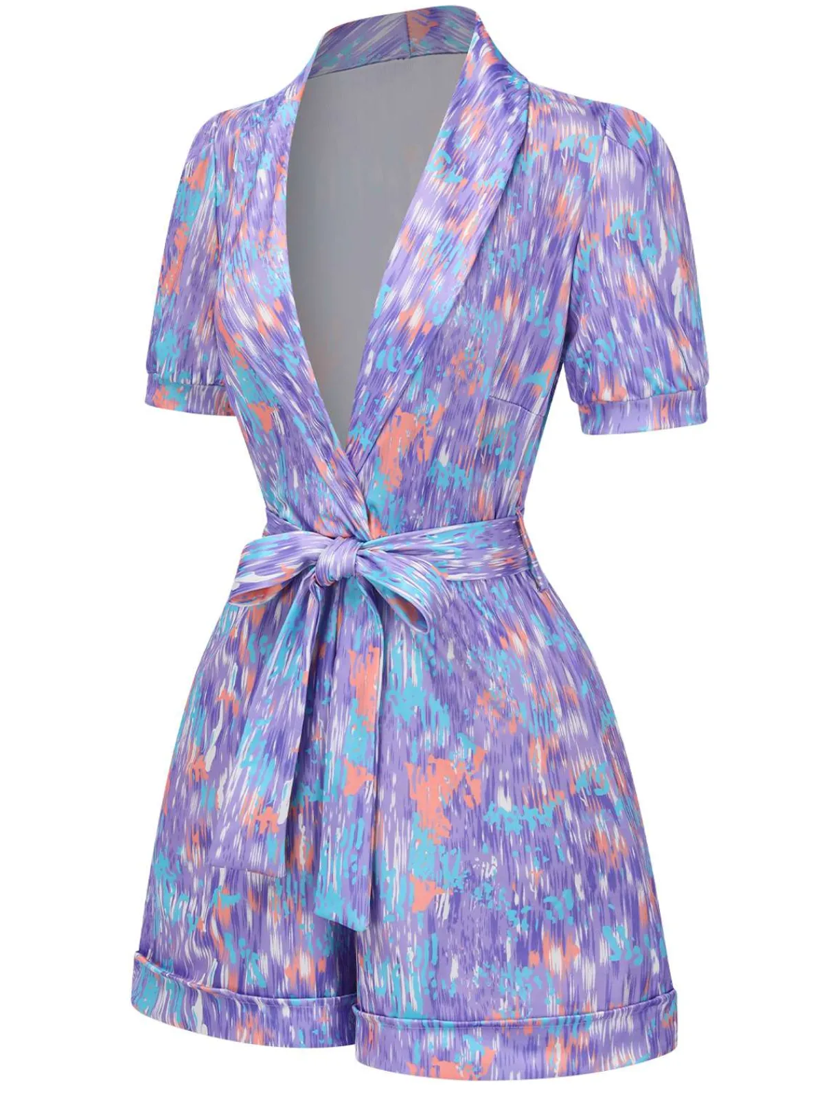 Sale Retro Stage 1960s Deep V-Neck Belted Lapel Romper Purple